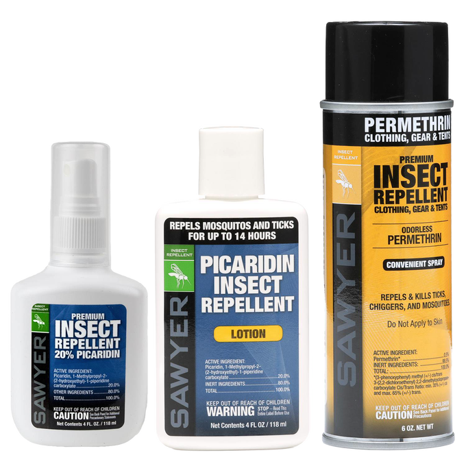 Set of three insect repellent products including a 20% Picaridin spray, a 20% Picaridin lotion, and a permethrin spray for clothing and gear, ideal for camping and outdoor use in Farm, Garden & Tool, Camping, and Best Sellers collections.