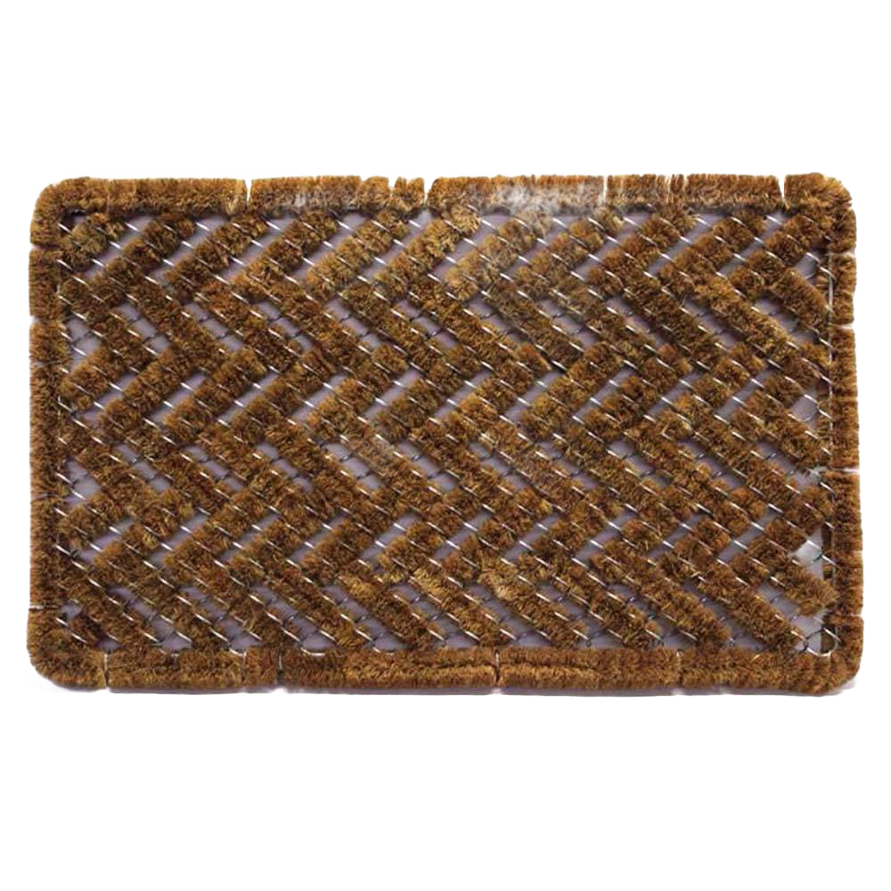 Handcrafted bootscraper rug featuring natural coconut fibers woven in a chevron pattern with stiff wire brushes, designed for effective shoe cleaning, part of Home & Decor, Home Textiles, Best Sellers, and Promo Eligible collections.