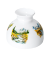 White glass lamp shade with hand-painted scenic mountain stream and forest illustrations, crafted to softly diffuse light, featured in Lamps & Lighting and Lamp Shades collections.