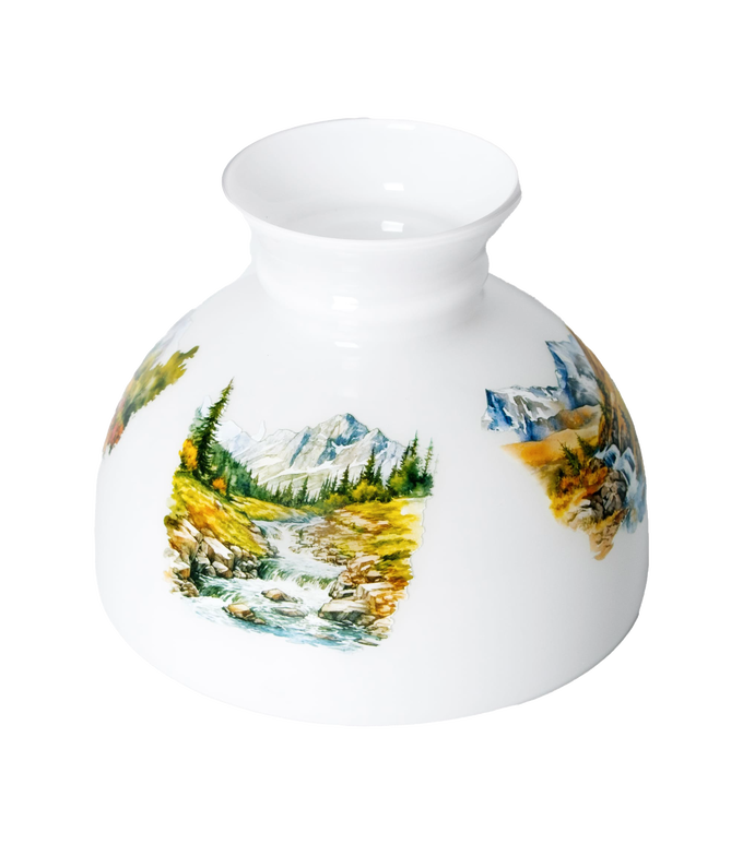 White glass lamp shade with hand-painted scenic mountain stream and forest illustrations, crafted to softly diffuse light, featured in Lamps & Lighting and Lamp Shades collections.