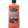 Orange-colored liquid in a clear plastic bottle with black cap labeled as leather and vinyl cleaner and conditioner, made in USA and featured in Home & Decor and Household Cleaning collections