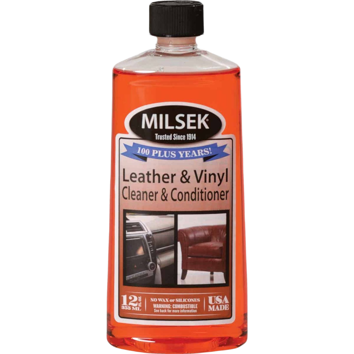 Orange-colored liquid in a clear plastic bottle with black cap labeled as leather and vinyl cleaner and conditioner, made in USA and featured in Home & Decor and Household Cleaning collections