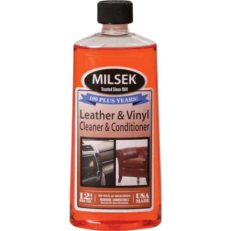 Orange-colored liquid in a clear plastic bottle with black cap labeled as leather and vinyl cleaner and conditioner, made in USA and featured in Home & Decor and Household Cleaning collections