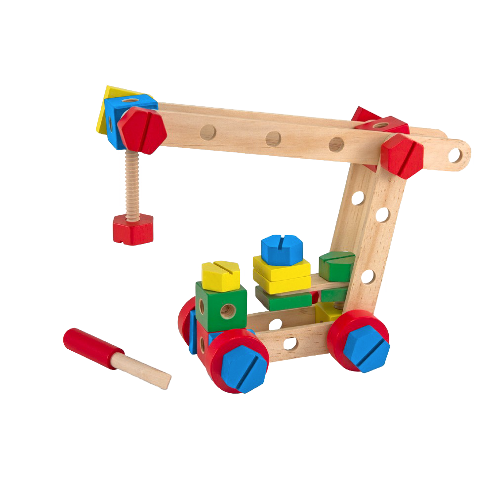 Wooden construction toy featuring colorful nuts, bolts, and blocks assembled into a crane with screwdriver, designed to enhance fine motor skills, problem-solving, and hand-eye coordination in children's indoor play.