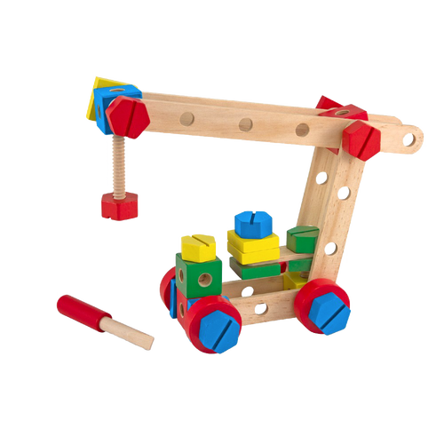 Wooden construction toy featuring colorful nuts, bolts, and blocks assembled into a crane with screwdriver, designed to enhance fine motor skills, problem-solving, and hand-eye coordination in children's indoor play.