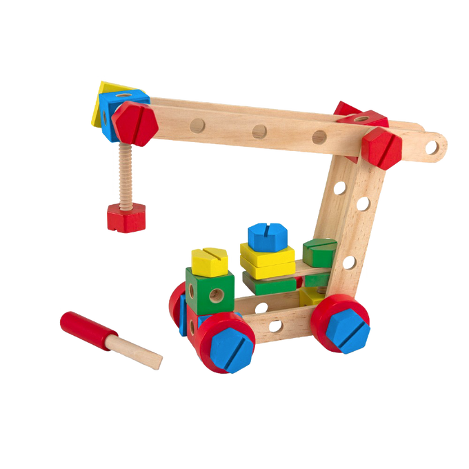Wooden construction toy featuring colorful nuts, bolts, and blocks assembled into a crane with screwdriver, designed to enhance fine motor skills, problem-solving, and hand-eye coordination in children's indoor play.