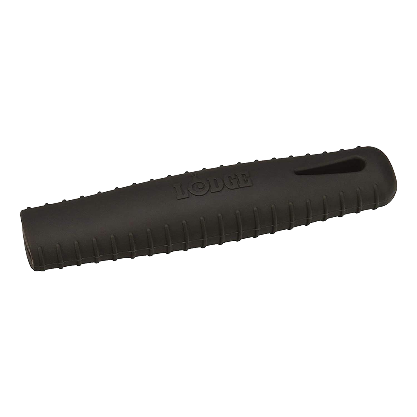 Black silicone handle holder designed to protect hands from hot steel skillet handles, featuring grip ridges and a slot, ideal for kitchen gadgets and cooking helpers collection.