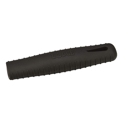 Black silicone handle holder designed to protect hands from hot steel skillet handles, featuring grip ridges and a slot, ideal for kitchen gadgets and cooking helpers collection.