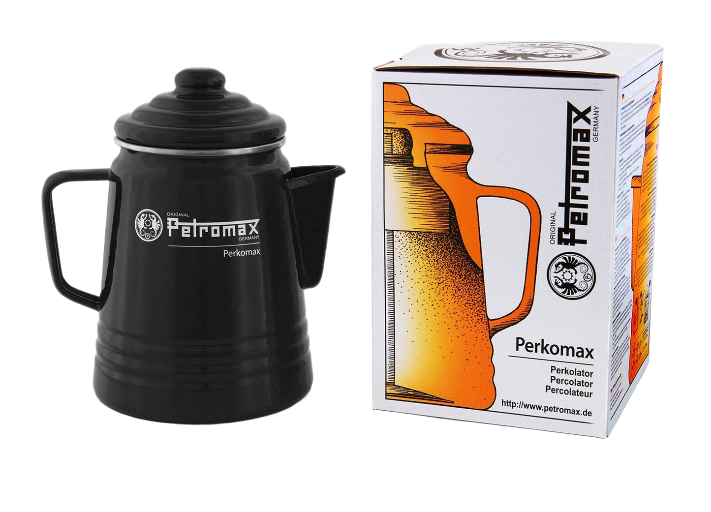 Black enameled steel percolator with handle and spout alongside illustrated packaging, ideal for brewing coffee or tea in Farm, Garden & Tool, Kitchen & Food, Camping, Brewing Coffee and Tea, Best Sellers, Promo Eligible collections.
