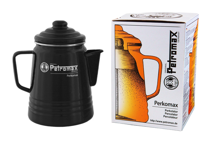 Black enameled steel percolator with handle and spout alongside illustrated packaging, ideal for brewing coffee or tea in Farm, Garden & Tool, Kitchen & Food, Camping, Brewing Coffee and Tea, Best Sellers, Promo Eligible collections.