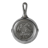 Small cast iron skillet featuring a raised wolf and mountain design, handcrafted in the USA, ideal for Kitchen & Food, Cast Iron, Cookware, and Best Sellers collections.