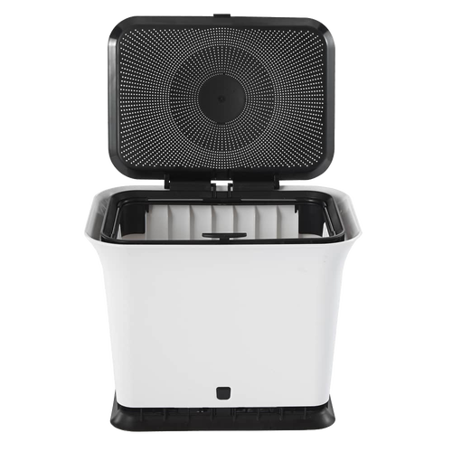 White and black odor-free compost bin with perforated lid open to show interior designed for airflow, suitable for kitchen and garden use in composting and kitchen accessories collections.