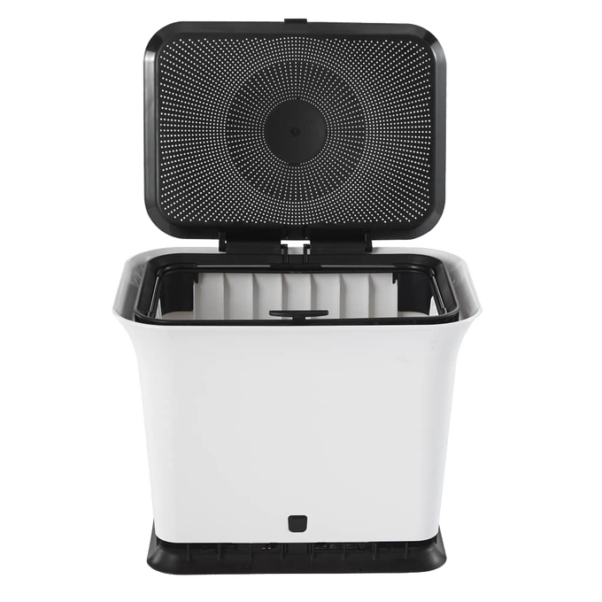 White and black odor-free compost bin with perforated lid open to show interior designed for airflow, suitable for kitchen and garden use in composting and kitchen accessories collections.