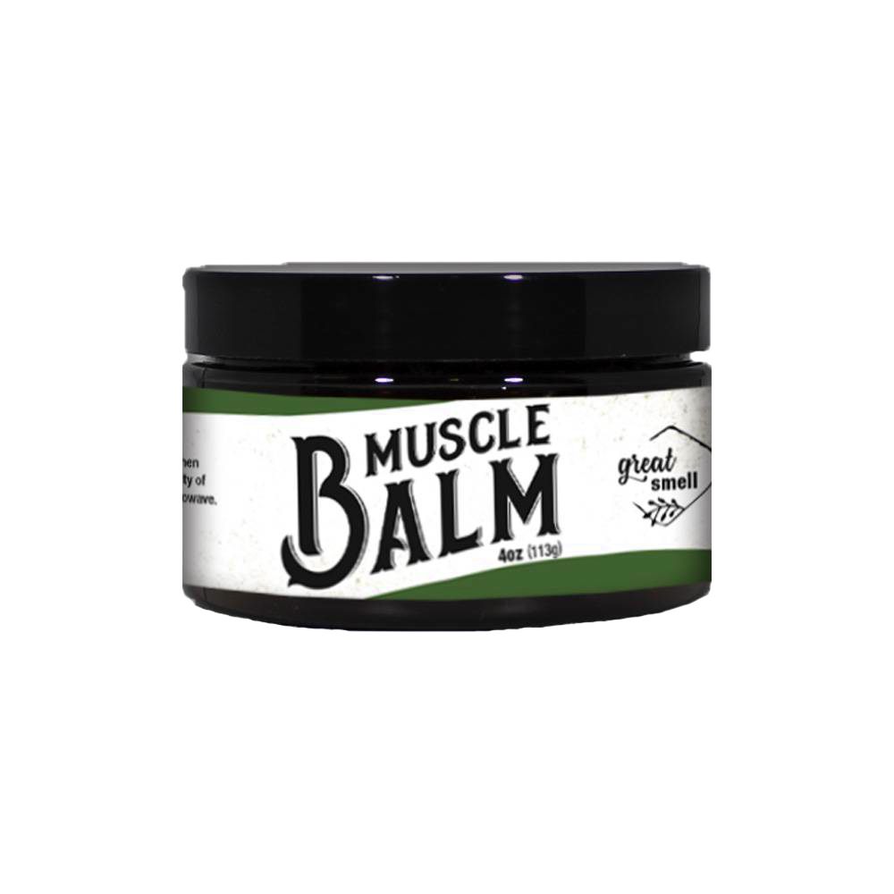 Small 4-ounce container of natural muscle balm with black lid and white label featuring bold text and green accents, part of Health & Wellness, Balms, Creams and Lotions, Health Remedies, USA Made, Best Sellers, and Promo Eligible collections.