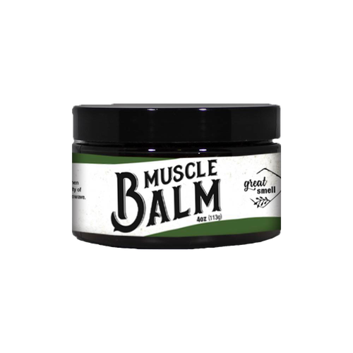 Small 4-ounce container of natural muscle balm with black lid and white label featuring bold text and green accents, part of Health & Wellness, Balms, Creams and Lotions, Health Remedies, USA Made, Best Sellers, and Promo Eligible collections.