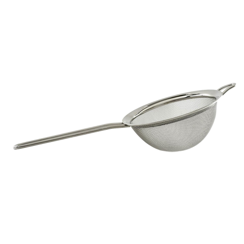 Stainless steel mesh strainer with fine screen, long handle, and support ring for resting on pots or bowls, essential for Kitchen & Food, Kitchen Gadgets, and Cooking and Baking Helpers collections.