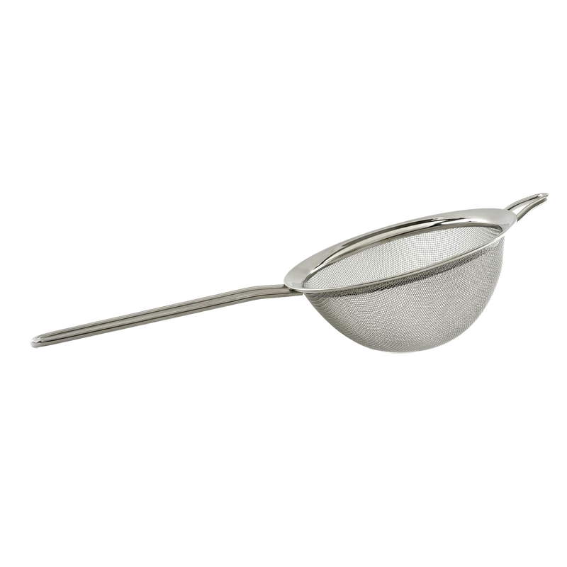 Stainless steel mesh strainer with fine screen, long handle, and support ring for resting on pots or bowls, essential for Kitchen & Food, Kitchen Gadgets, and Cooking and Baking Helpers collections.