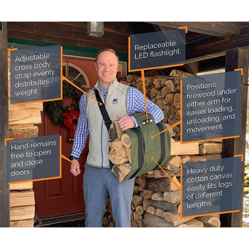 Man carrying a handcrafted WoodOX Sling Firewood Carrier made of heavy-duty cotton canvas with adjustable strap, holding split logs securely under his arm, designed for ergonomic wood hauling, ideal for Farm, Garden & Tool, Wood Cutting and Hauling, USA Made, Hearth Accessories, and Best Sellers collections.
