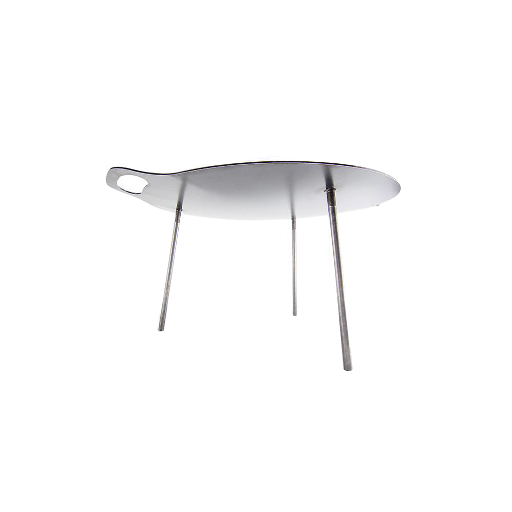 Lightweight steel griddle with three angled legs and integrated handle, designed for stable outdoor cooking, ideal for Farm, Garden & Tool, Camping, Best Sellers, and Promo Eligible collections.