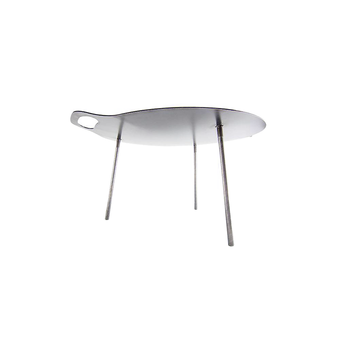 Lightweight steel griddle with three angled legs and integrated handle, designed for stable outdoor cooking, ideal for Farm, Garden & Tool, Camping, Best Sellers, and Promo Eligible collections.