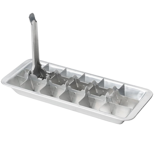 Handcrafted aluminum ice cube tray with a removable divider and lifting release handle, designed for easy ice removal and ideal for Farm, Garden & Tool, Kitchen Gadgets, and Homesteading collections.