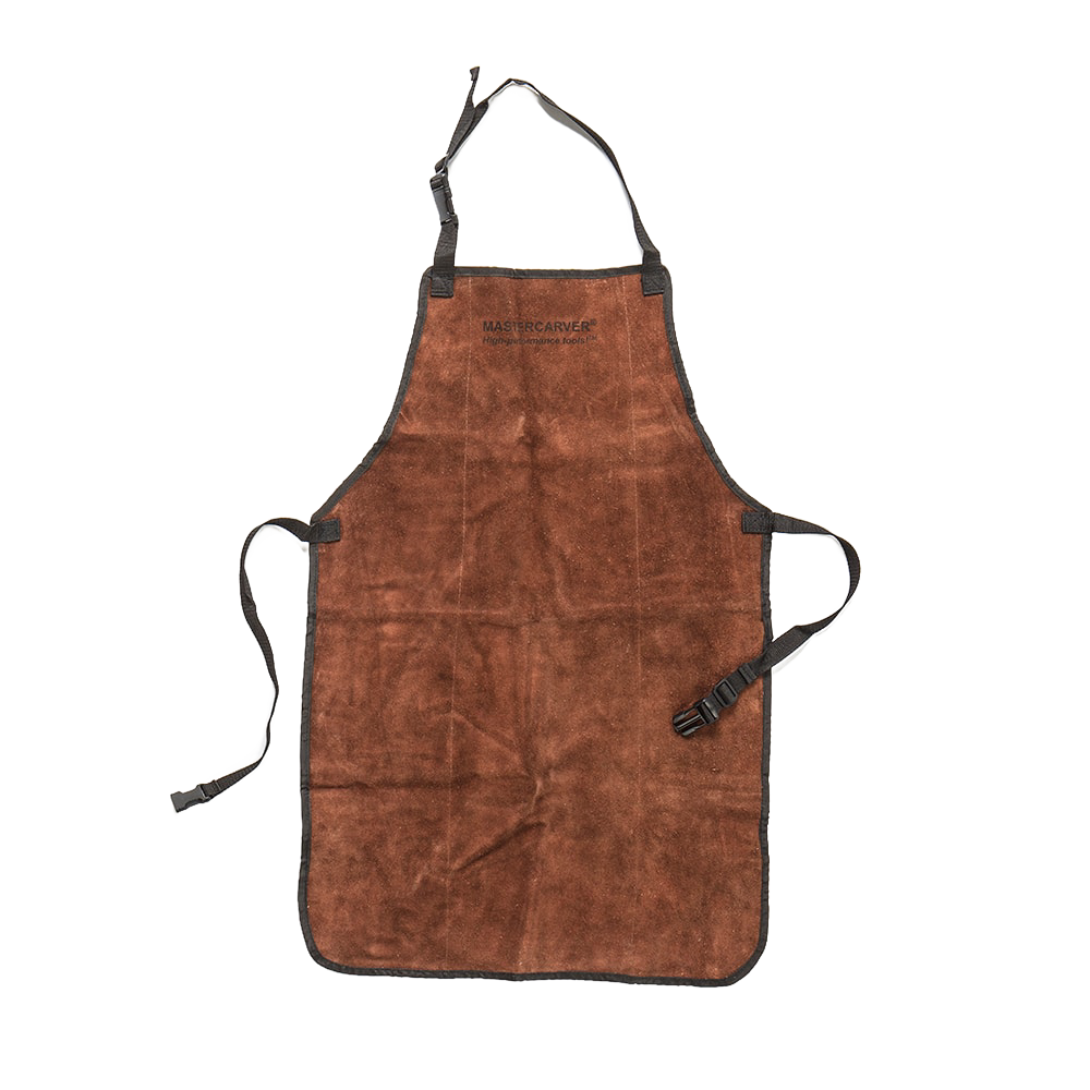 Natural leather apron with suede finish, adjustable straps with quick release snaps, reinforced with steel rivets, designed for woodcarving safety in hand tools and hardware collections.