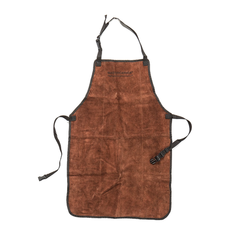 Natural leather apron with suede finish, adjustable straps with quick release snaps, reinforced with steel rivets, designed for woodcarving safety in hand tools and hardware collections.