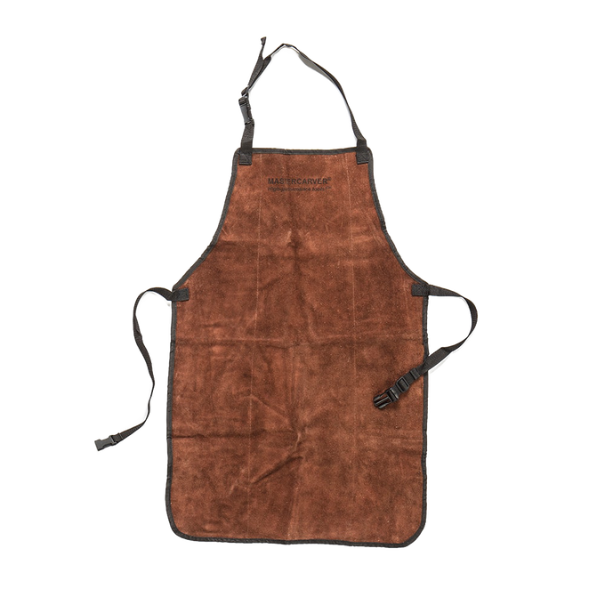 Natural leather apron with suede finish, adjustable straps with quick release snaps, reinforced with steel rivets, designed for woodcarving safety in hand tools and hardware collections.