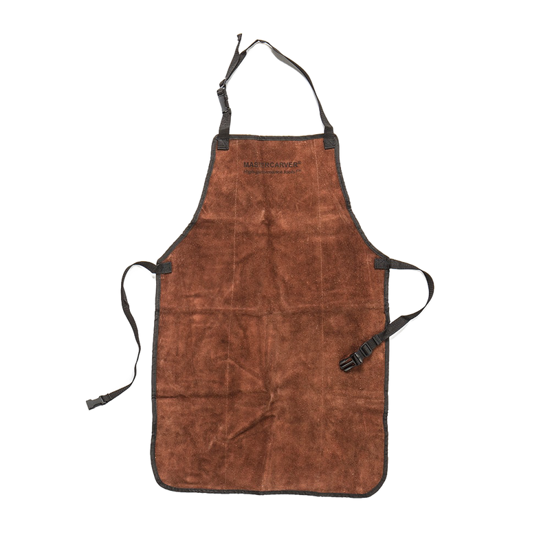 Natural leather apron with suede finish, adjustable straps with quick release snaps, reinforced with steel rivets, designed for woodcarving safety in hand tools and hardware collections.
