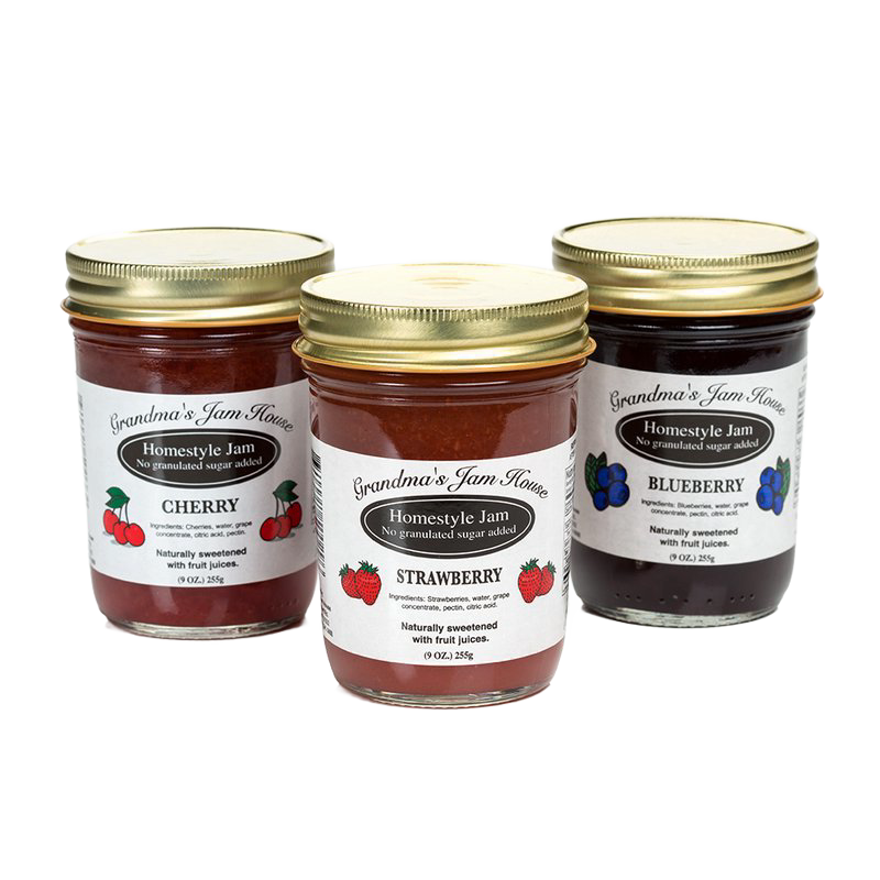 Set of three handcrafted no sugar added jams in cherry, strawberry, and blueberry flavors with gold lids, naturally sweetened and made in USA, ideal for Kitchen & Food, Food, Peanut Butter & Jellies, USA Made, Best Sellers, and Promo Eligible collections.