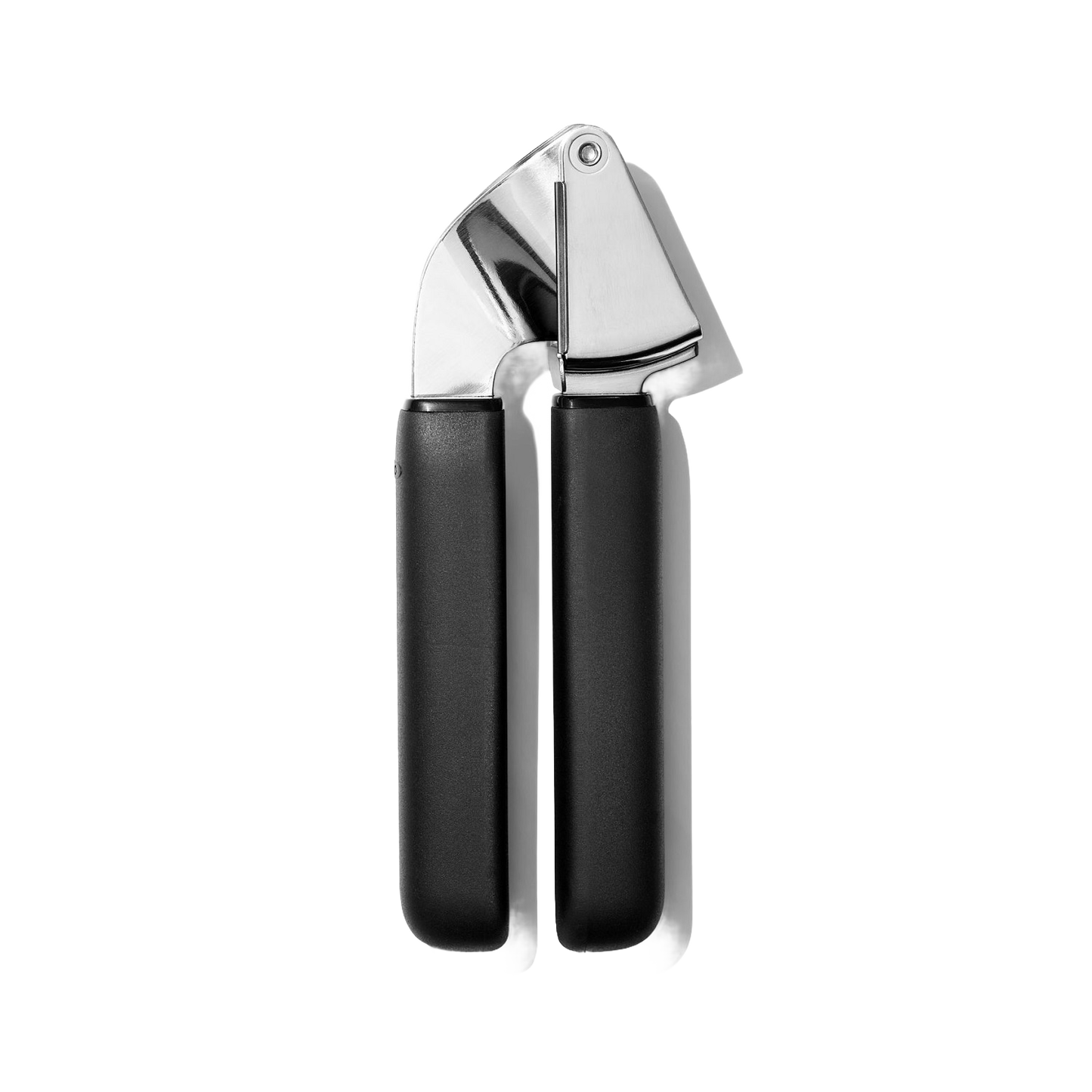 Garlic press with soft, non-slip black handles and a large crushing chamber designed for easy garlic preparation, part of kitchen gadgets and cooking helpers collections.