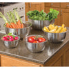 Set of handcrafted stainless steel mixing bowls with weighted bases and wide lips holding fresh vegetables, ideal for Kitchen & Food, Cookware, Baking Supplies, and Best Sellers collections.