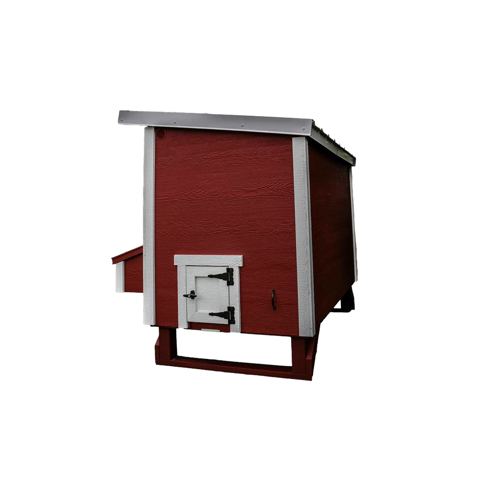 Handcrafted heavy-duty Amish-made chicken coop in red with white trim, featuring a secure access door with sturdy black hinges, designed for Farm, Garden & Tool, Chicken Accessories, USA Made, Amish Made, and Best Sellers collections.