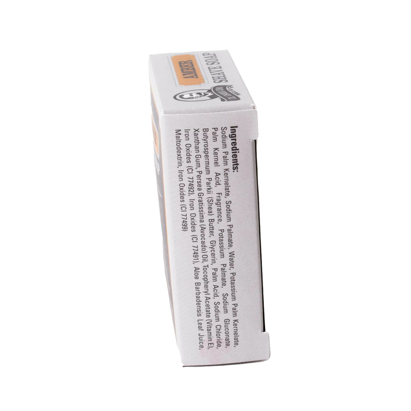 Side view of a boxed large shaving soap displaying detailed ingredient list including shea butter, avocado oil, vitamin E, and glycerin, handcrafted in USA, part of Health & Wellness, Grooming and Personal Hygiene, Soaps and Soapmaking, USA Made, Best Sellers, and Promo Eligible collections.