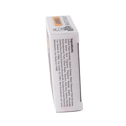 Side view of a boxed large shaving soap displaying detailed ingredient list including shea butter, avocado oil, vitamin E, and glycerin, handcrafted in USA, part of Health & Wellness, Grooming and Personal Hygiene, Soaps and Soapmaking, USA Made, Best Sellers, and Promo Eligible collections.