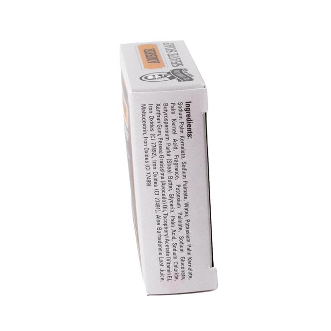 Side view of a boxed large shaving soap displaying detailed ingredient list including shea butter, avocado oil, vitamin E, and glycerin, handcrafted in USA, part of Health & Wellness, Grooming and Personal Hygiene, Soaps and Soapmaking, USA Made, Best Sellers, and Promo Eligible collections.