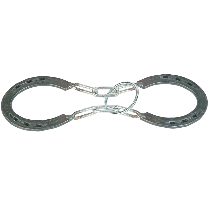 Two handcrafted mild steel horseshoes linked by metal rings to form a challenging mind puzzle, part of the USA made Toys, Books & Games and Puzzles collections.