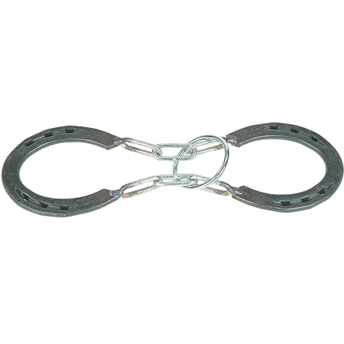 Two handcrafted mild steel horseshoes linked by metal rings to form a challenging mind puzzle, part of the USA made Toys, Books & Games and Puzzles collections.