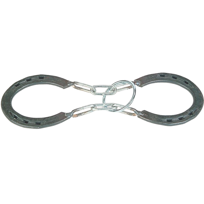 Two handcrafted mild steel horseshoes linked by metal rings to form a challenging mind puzzle, part of the USA made Toys, Books & Games and Puzzles collections.