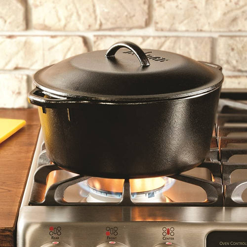 Handcrafted Lodge cast iron Dutch oven heating on gas stove, ideal for Kitchen & Food, Cookware, Cast Iron, USA Made, Best Sellers, and Promo Eligible collections.