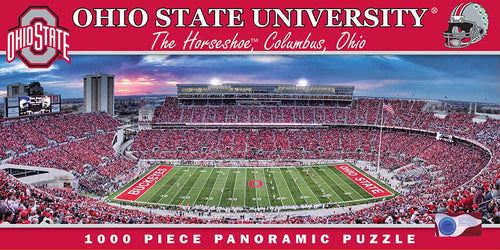 Panoramic 1000-piece puzzle featuring a detailed aerial view of Ohio State University’s Horseshoe Stadium at sunset, perfect for Toys, Books & Games and Puzzles collections.