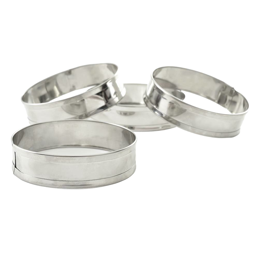 Set of four stainless steel rings designed to shape and contain batter for muffins, crumpets, and pancakes, featured in Kitchen & Food, Kitchen Gadgets, and Best Sellers collections.