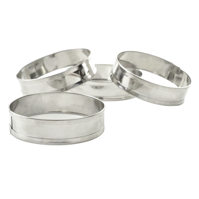 Set of four stainless steel rings designed to shape and contain batter for muffins, crumpets, and pancakes, featured in Kitchen & Food, Kitchen Gadgets, and Best Sellers collections.