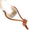 Close-up of a weatherproofed wooden handle with a knotted leather strap attachment, designed for durability and easy storage in garden and lawncare tools.