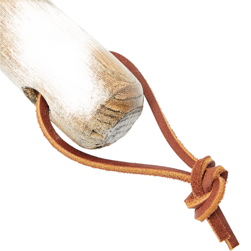 Close-up of a weatherproofed wooden handle with a knotted leather strap attachment, designed for durability and easy storage in garden and lawncare tools.