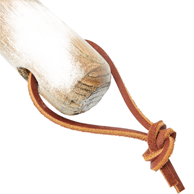Close-up of a weatherproofed wooden handle with a knotted leather strap attachment, designed for durability and easy storage in garden and lawncare tools.