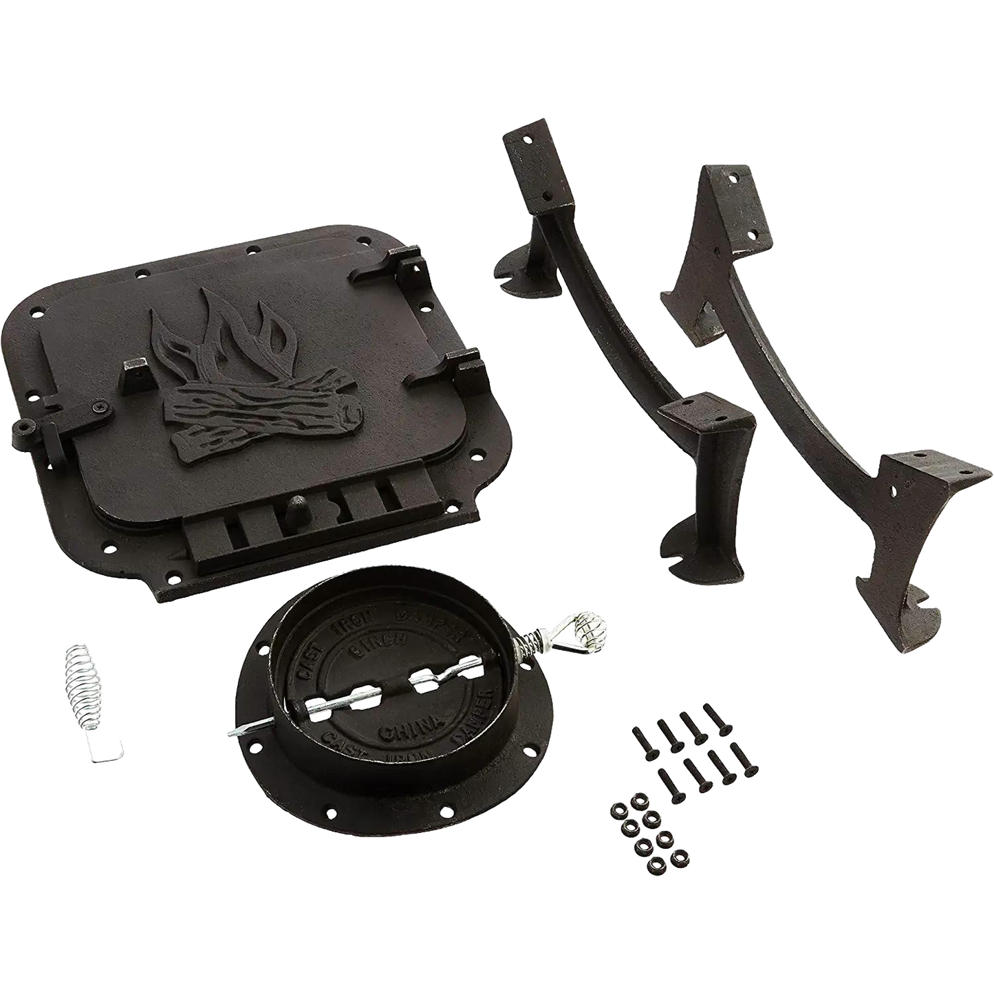 Handcrafted cast iron stove kit components including a decorative door with flame motif, pipe connection, legs, and mounting hardware, ideal for Stoves, Hearth Accessories, and Heatstoves collections.