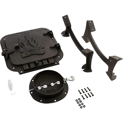 Handcrafted cast iron stove kit components including a decorative door with flame motif, pipe connection, legs, and mounting hardware, ideal for Stoves, Hearth Accessories, and Heatstoves collections.