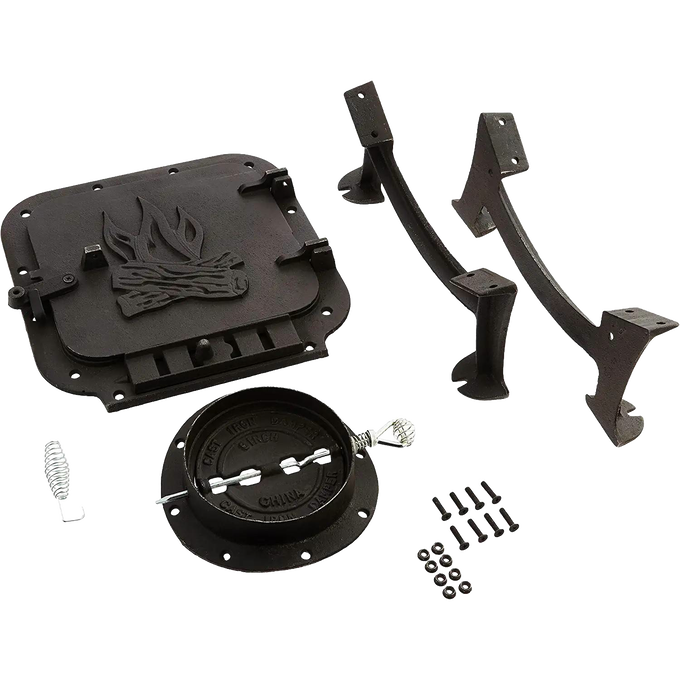 Handcrafted cast iron stove kit components including a decorative door with flame motif, pipe connection, legs, and mounting hardware, ideal for Stoves, Hearth Accessories, and Heatstoves collections.