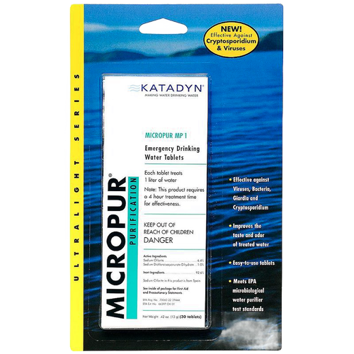 Package of emergency drinking water tablets designed for camping and emergency use, effective against viruses and bacteria, featured in Farm, Garden & Tool and Emergency Supplies collections.